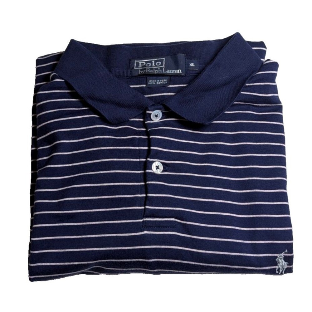 Polo Ralph Lauren Short Sleeve Shirt Men's XL 100% Cotton Navy Blue Stripe Vtg.